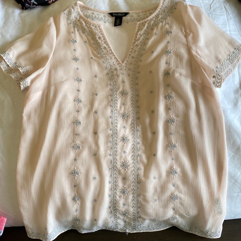 Tall friendly - pinky cream gauzy top with beaded and silver thread designs.